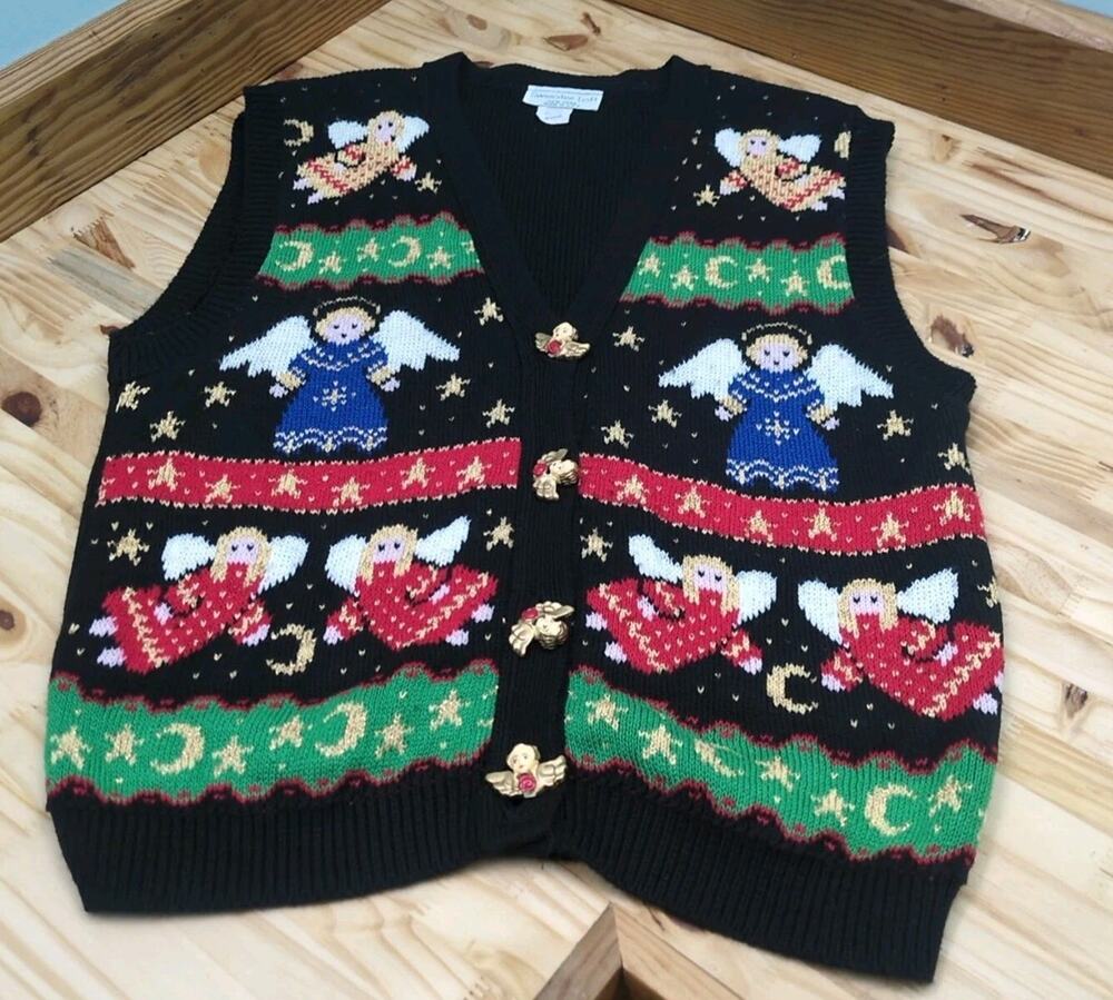 VTG Sweater Loft Christmas Vest Womens M 3D angel buttons grandmacore teacher